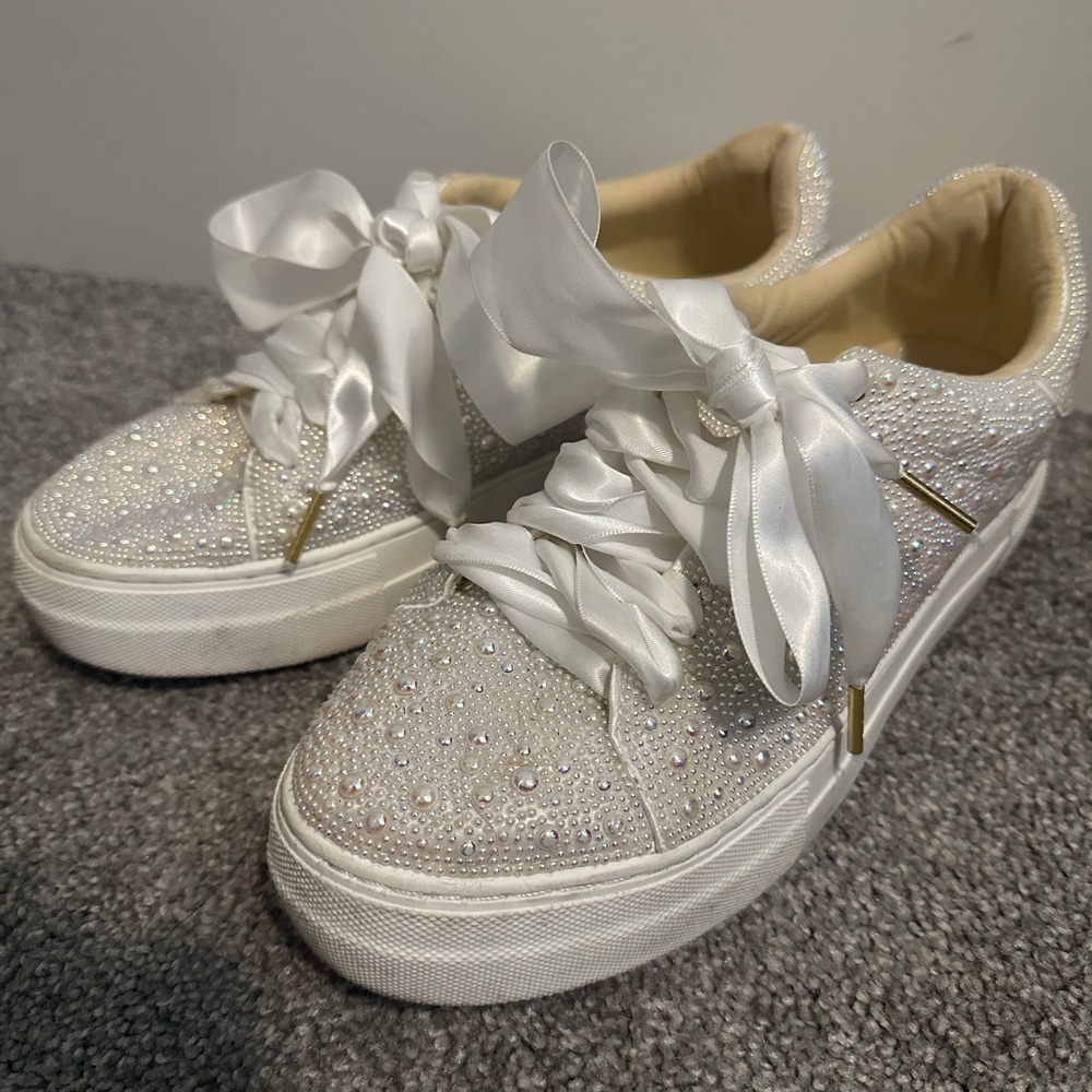 Betsey Johnson White Pearl Embellished Sneakers